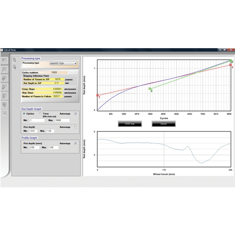 Captura de pantalla del software de ensayo