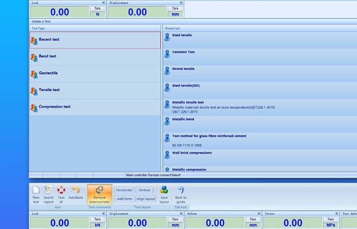 Interfaz del software TestMaster — tipos de ensayo y parámetros