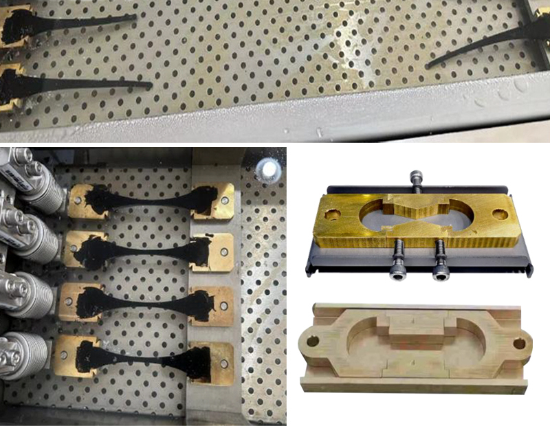 Moldes y especimenes de asfalto en el ductilometro