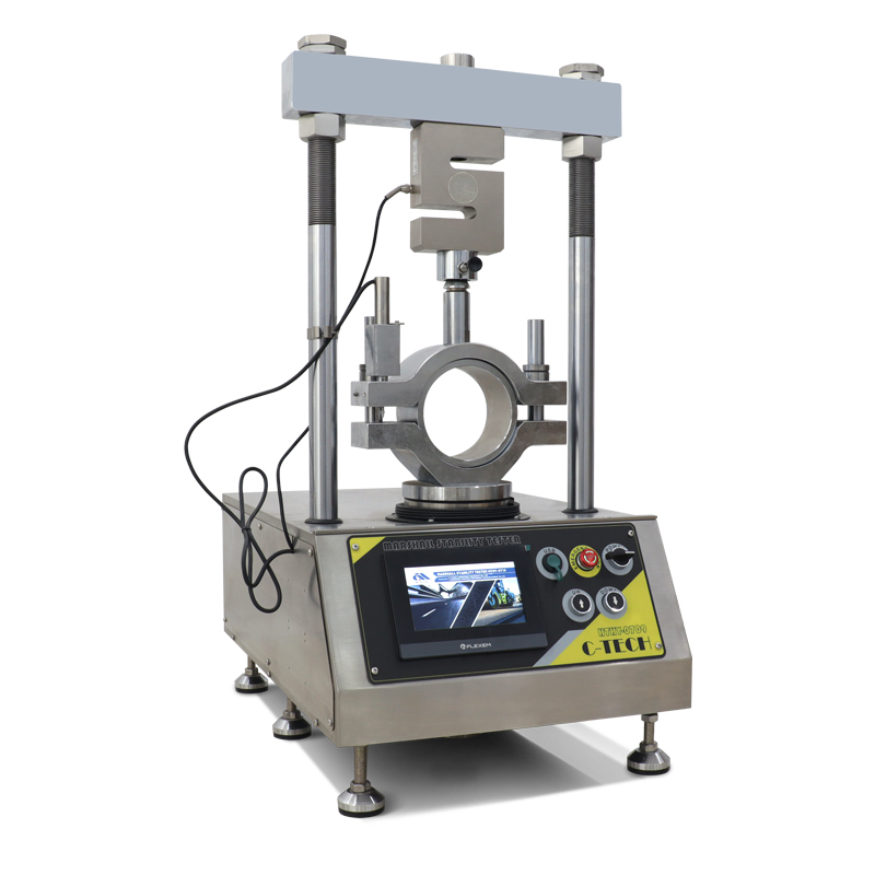 Vista angular de la prensa Marshall con mordazas y celda de carga